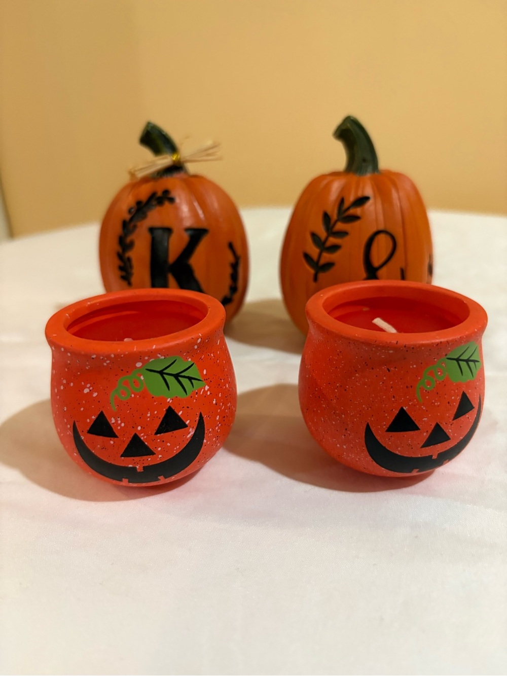Seasonal Pumpkin Jack-O'-Lantern Candle Holders -  and  Two Pumkin Decorations